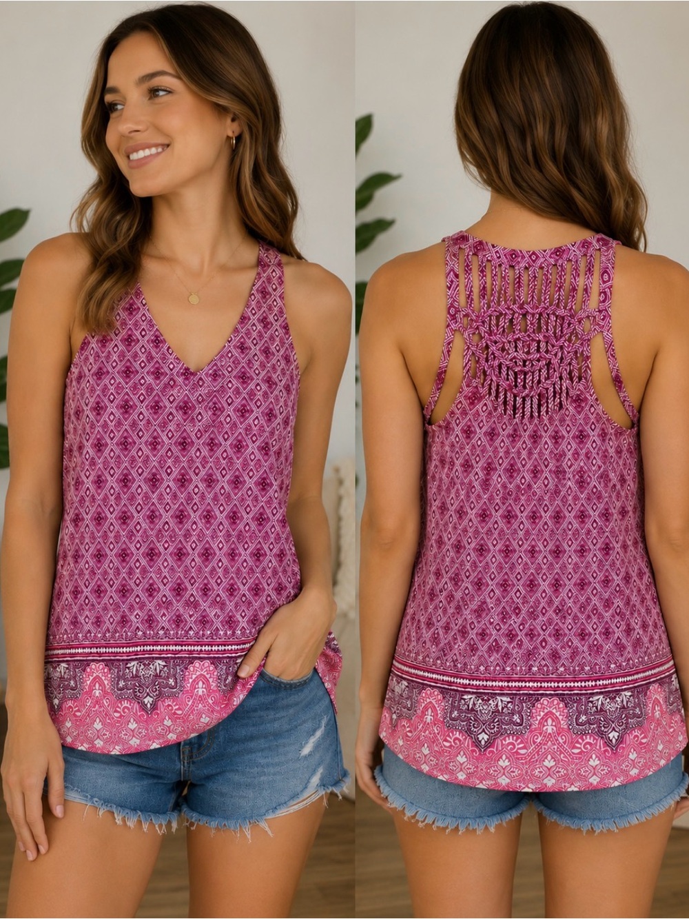 Skies Are Blue Pink Geometric Print Sleeveless V-Neck Top Size Small Boho